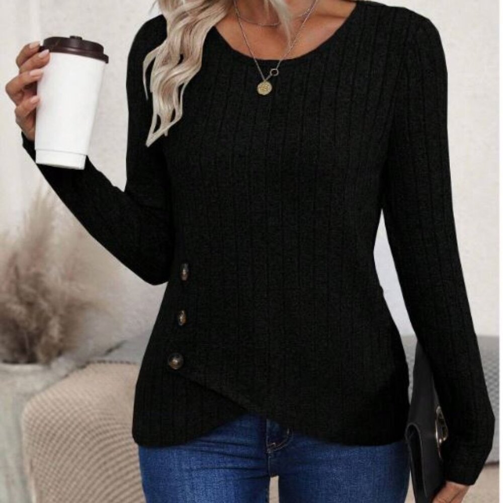 Button Decorated Long Sleeve T-Shirt Black 12 XL